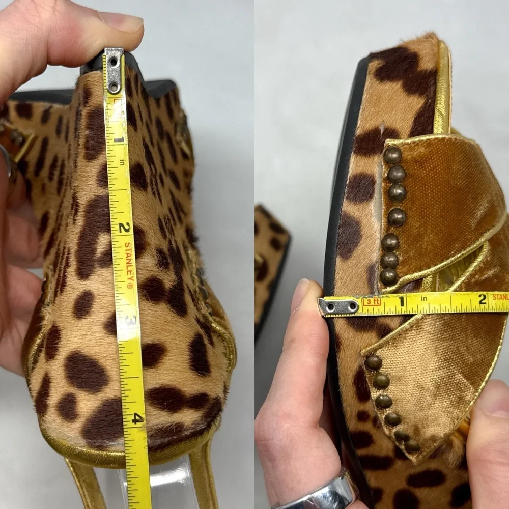 PRADA Vintage Y2K Velvet Leopard Calf Hair Leather Platform Wedge Sandal Heel 38